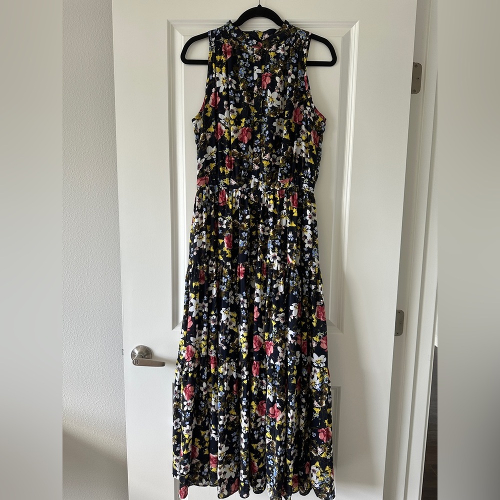 Banana Republic Pink and Blue Pleated Tiered Maxi Dress